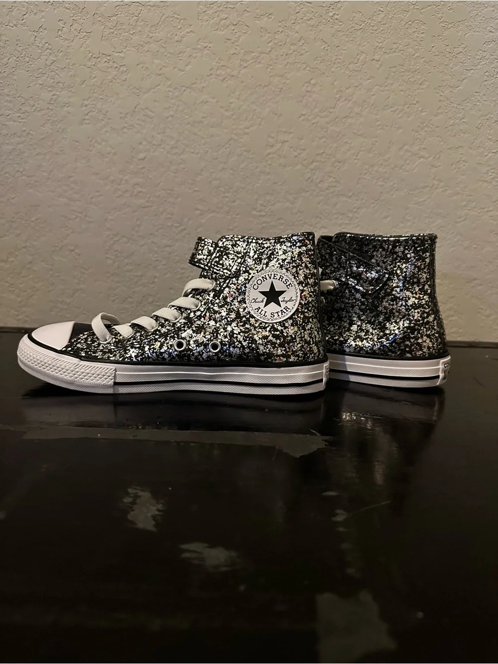 Converse Kids glitter/confetti Black High-Top Sneakers with White Toe Cap.  New!